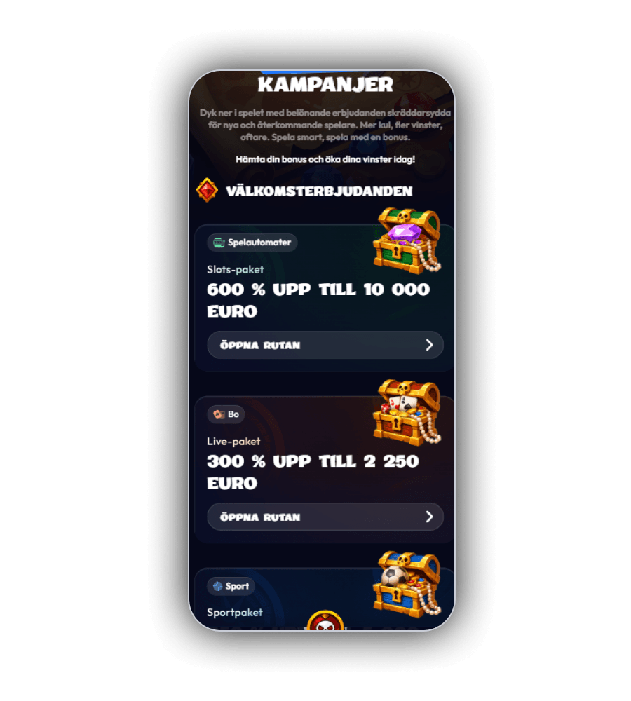 Kampanjsidan på Smash Casino med välkomsterbjudanden för spelautomater, live och sport i mobilen